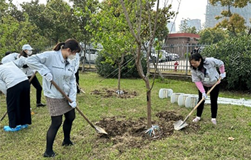 植樹した苗木の根に土をかけます。